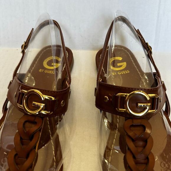 Guess Size 9 Braided Thong Strap Sandal Brown and Gold Logo Vacation Everyday - Picture 3 of 9